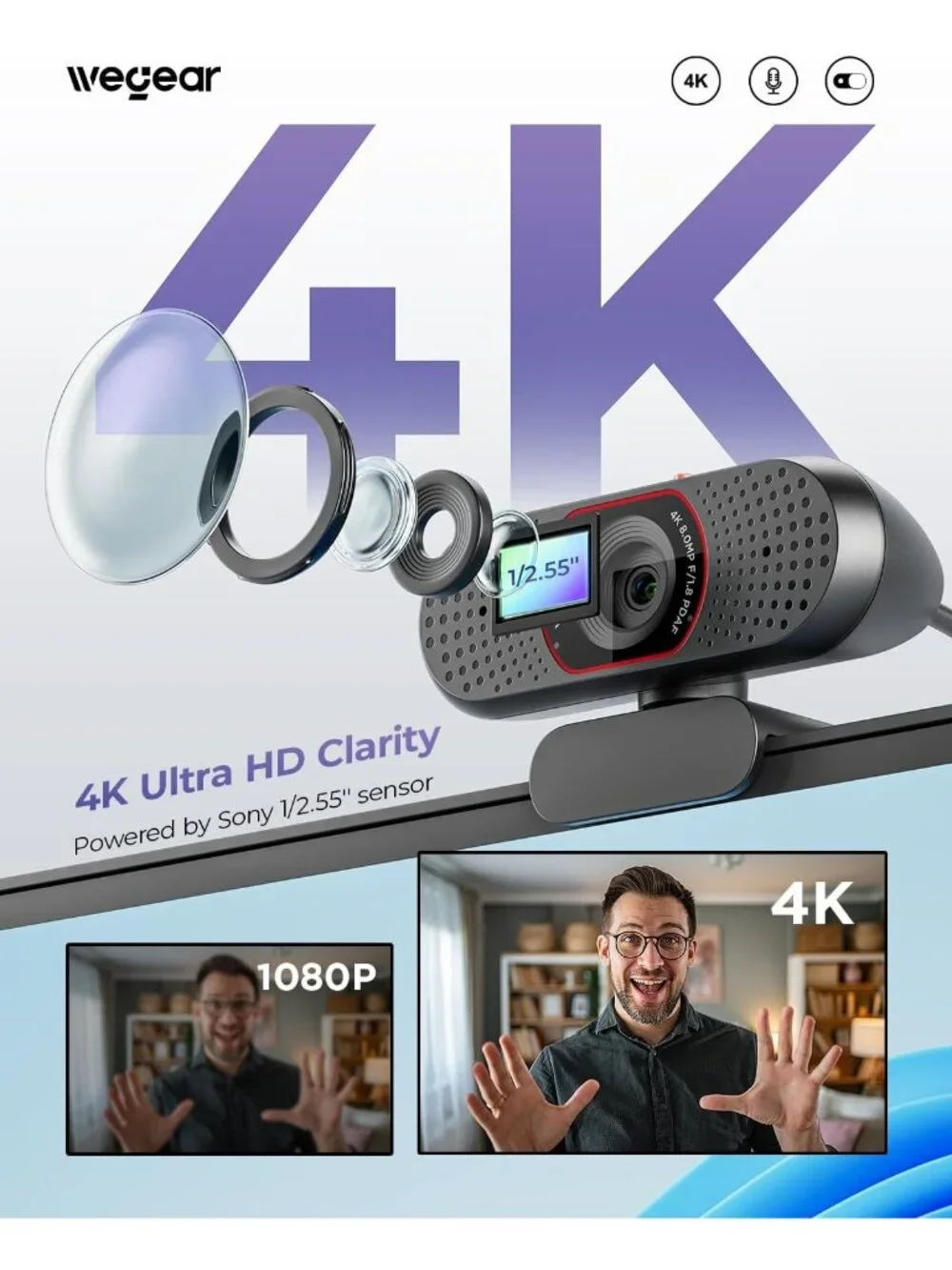 4K USB Webcam for PC - 30FPS/60FPS, Autofocus, Dual Mics, Privacy Cover